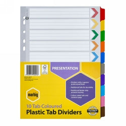 DIVIDERS MARBIG A4 MANILLA BOARD 10 TAB COLOURED   G02738