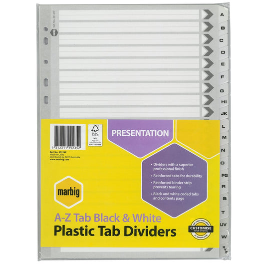 DIVIDERS MARBIG A4 MANILLA PVC A-Z TAB BLK/WHT   G02742