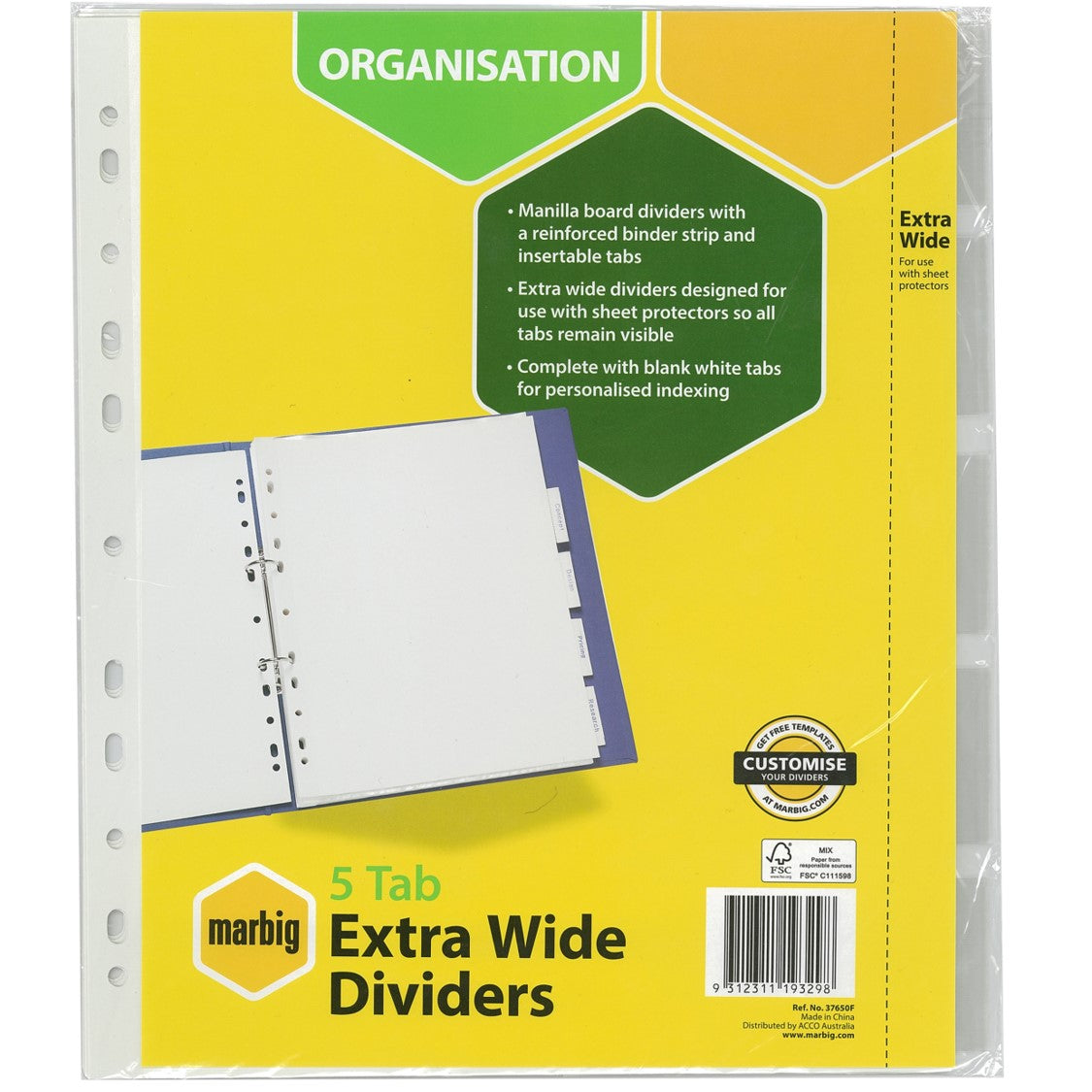 DIVIDERS MARBIG A4 MANILLA EXTRA WIDE 5 TAB WHITE   G02744