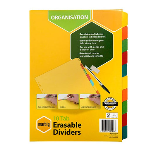 DIVIDERS MARBIG A4 MANILLA ERASABLE COL 10 TAB   G02745