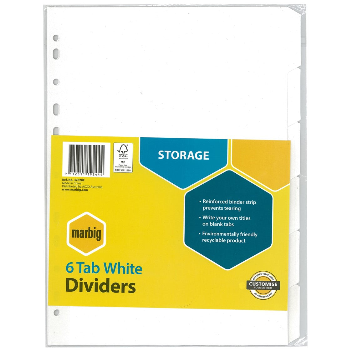 DIVIDERS MARBIG A4 MANILLA 6 TAB WHITE   G02748