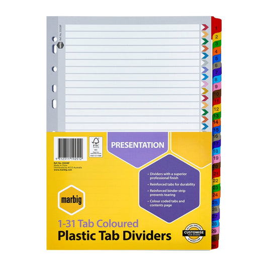 DIVIDERS MARBIG A4 PLASTIC 1-31 TAB   G02750