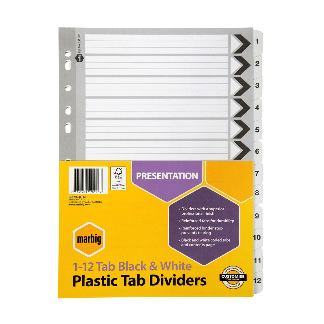 DIVIDERS MARBIG A4 MANILLA PVC 1-12 TAB BLK/WHT   G02751