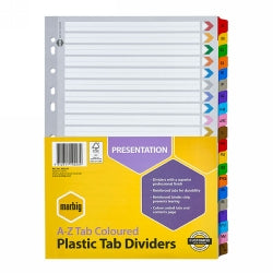 DIVIDERS MARBIG A4 MANILLA A-Z TAB COLOURED   G02759