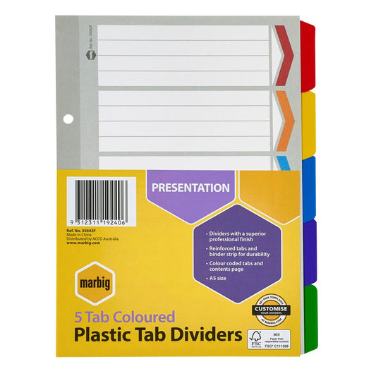 DIVIDERS MARBIG A5 5 TAB REIN BRD ASST COL   G02764