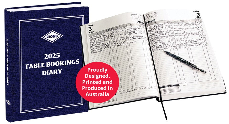 TABLE BOOKINGS DIARY 2025 ZIONS A4 2PTD TABLE BOOKING AUST MADE BLUE   G05350.25