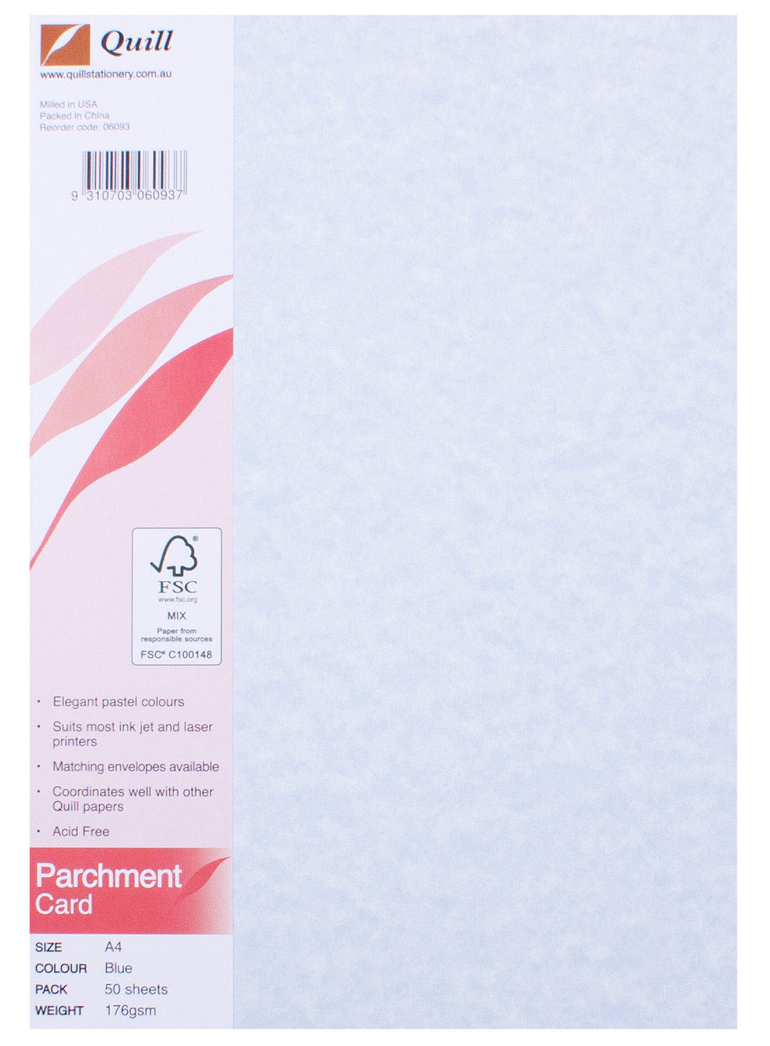 CARD PARCHMENT QUILL A4 176GSM BLUE PK50   G06196