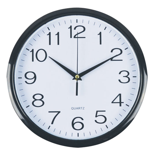 CLOCK ITALPLAST 30CM ROUND BLACK FRAME/WHITE FACE   G17487