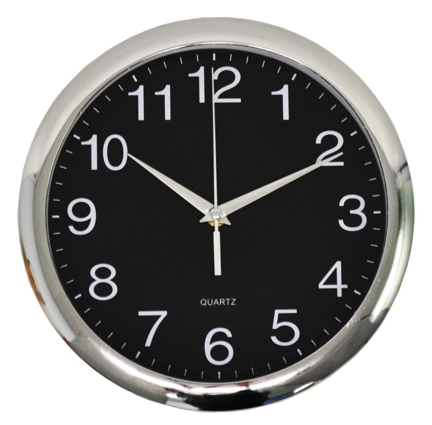 CLOCK ITALPLAST 30CM WALL BLACK FACE/CHROME TRIM   G17490