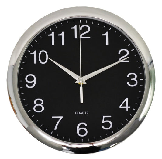 CLOCK ITALPLAST 30CM WALL BLACK FACE/CHROME TRIM   G17490