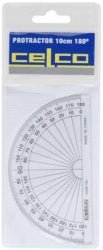 PROTRACTOR CELCO 10CM 180 DEG HALF CIRCLE CLEAR   G20043