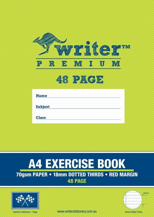 EXERCISE BOOK WRITER PREMIUM A4 48PG 18MM DOTTED THIRDS + MARGIN FLAGS   G20775