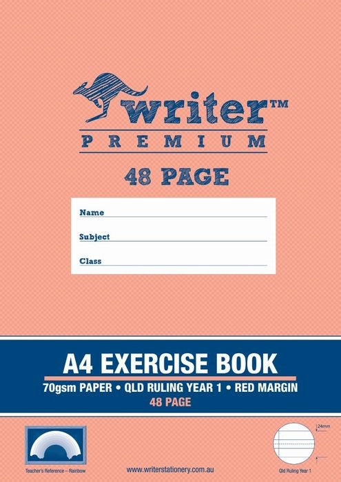 EXERCISE BOOK WRITER PREMIUM A4 48pg QLD YR1 RULED + MARGIN RAINBOW   G20783