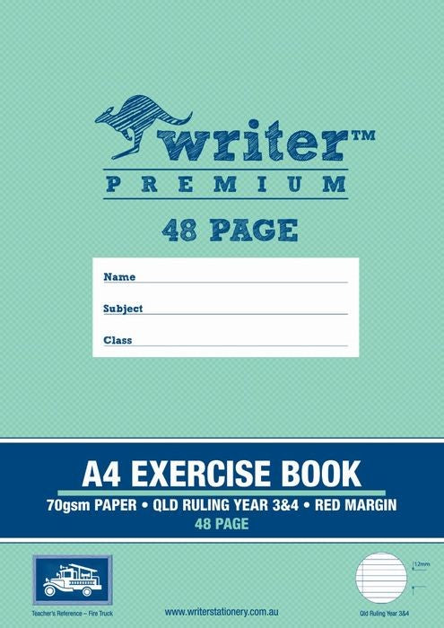 EXERCISE BOOK WRITER PREMIUM A4 QLD YR3/4 RULED + MARGIN FIRE TRUCK 48PG   G20785