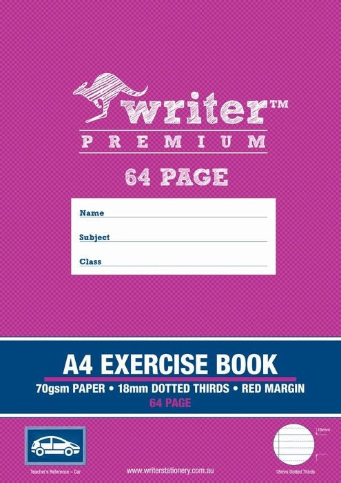 EXERCISE BOOK WRITER PREMIUM A4 64PG 18MM DOTTED THRIDS + MARGIN CAR   G20787