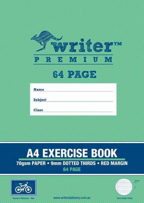 EXERCISE BOOK WRITER PREMIUM A4 64PG 9MM DOTTED THIRDS + MARGIN BIKE   G20789