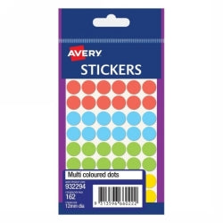 LABEL AVERY F/P 12MM MULTI COLOURED DOTS PK162 PK10   G23294