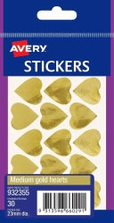 STICKERS HEARTS AVERY MEDIUM PERMANENT GOLD PK30 HS   G23355