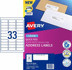 LABEL AVERY LASER L7157 ADDRESS 33UP WHITE PK100   G23442