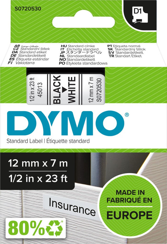 LABEL TAPE DYMO D1 12MMX7M 45013 BLACK ON WHITE   G23482