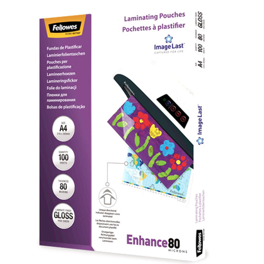 LAMINATING POUCHES FELLOWES A4 80 MICRON GLOSS PK100   G25205