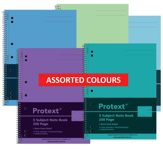 NOTEBOOK PROTEXT PP A4 250pg 5 Subject 8 pockets ASST   G29102