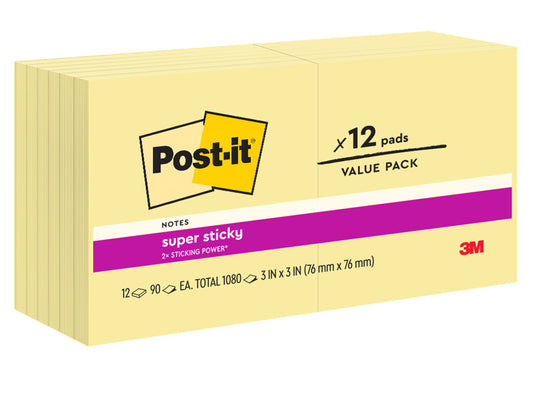 NOTES SUPER STICKY POST-IT 76X76 654-12SSCY YELLOW   G29129