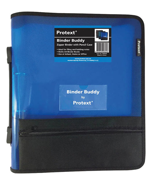 BINDER BUDDY PROTEXT A4 2 RING 25MM WITH ZIPPER,HANDLE,P/CASE,POCKETS BLUE   G35593