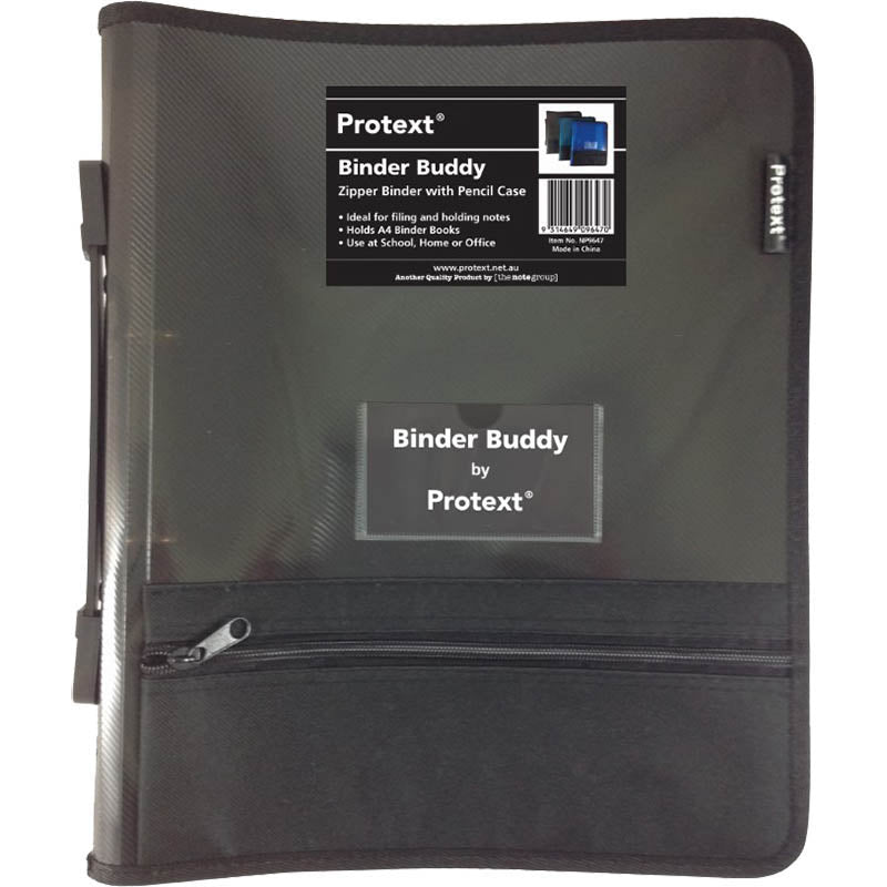 BINDER BUDDY PROTEXT A4 2 RING 25MM WITH ZIPPER,HANDLE,P/CASE,POCKETS SMOKE   G35594