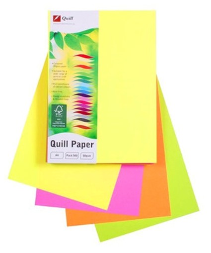 COPY PAPER QUILL A4 80GSM FLUORO ASST PK500   G36591