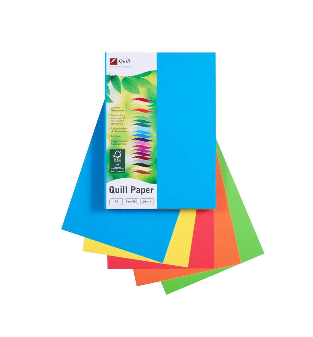 COPY PAPER QUILL A4 80GSM BRIGHT ASST PK500   G36597