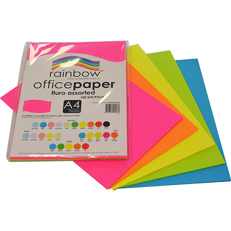 COPY PAPER RAINBOW A4 75GSM FLURO ASSORTED PK100   G38562