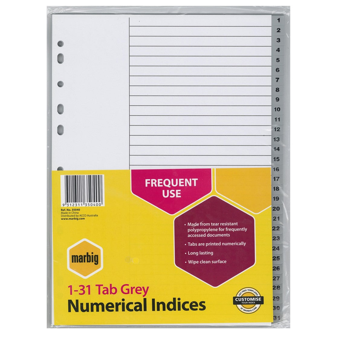 DIVIDERS MARBIG A4 PP 1-31 TAB GREY   G40591