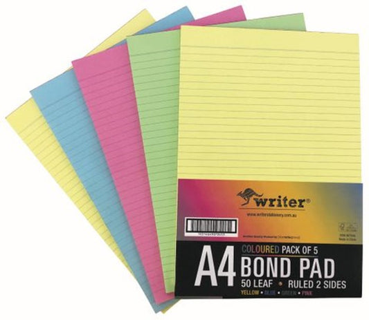 PAD WRITER A4 BOND 2 SIDED RULED ASST COLS 50LF PK5   G41886