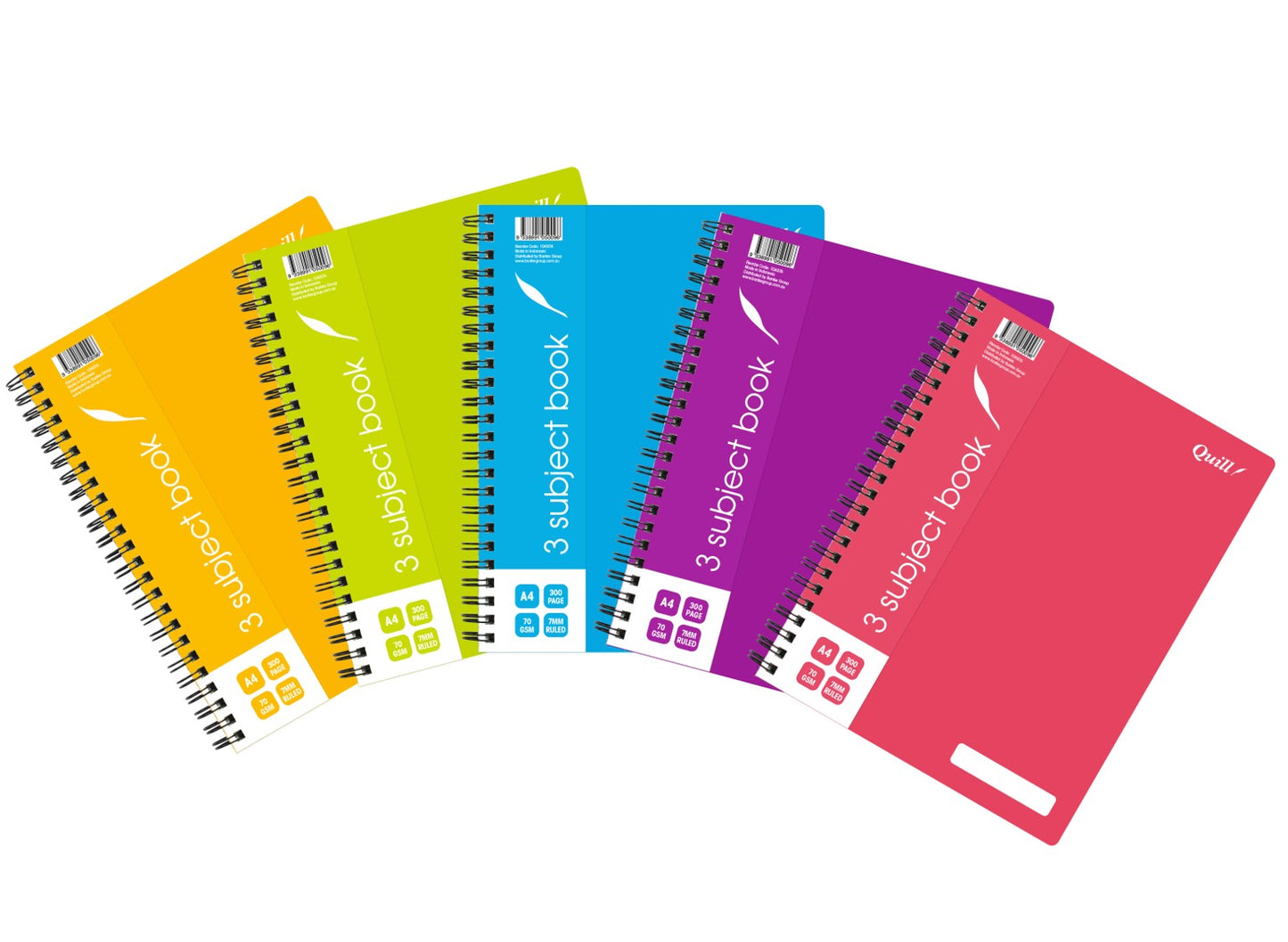 NOTEBOOK QUILL A4 70GSM PP 3 SUBJECT ASST 300PG   G46116