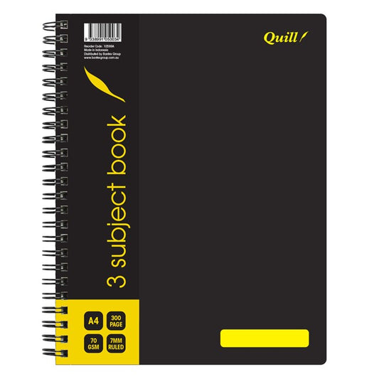 NOTEBOOK QUILL A4 70GSM PP 3 SUBJECT BLACK 300PG   G46120