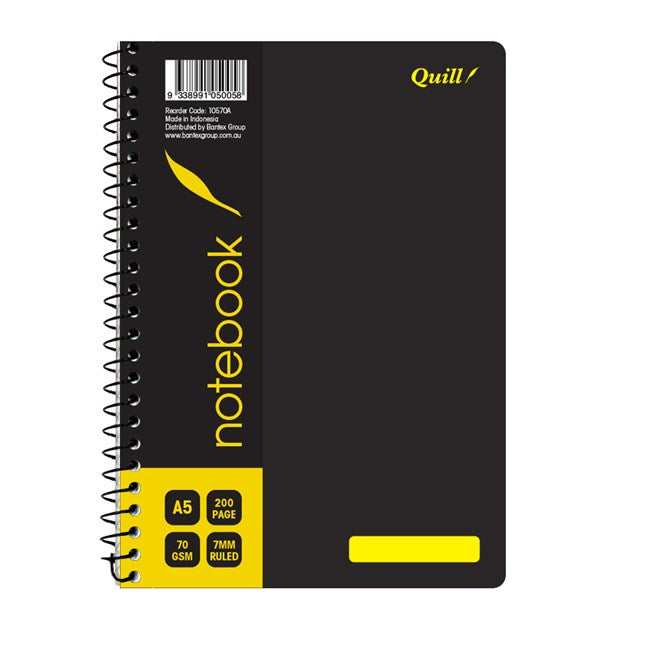 NOTEBOOK QUILL A5 70GSM PP BLACK 200PG   G46122