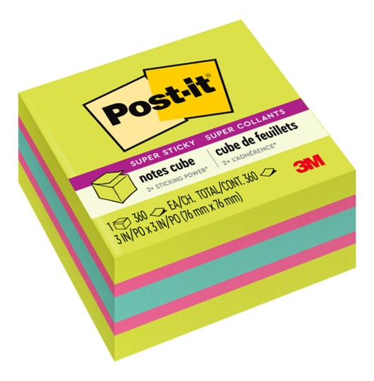 NOTES SUPER STICKY POST-IT 76X76MM CUBE 2027-SSGFA NEON GREEN MIX 360SHT   G46525