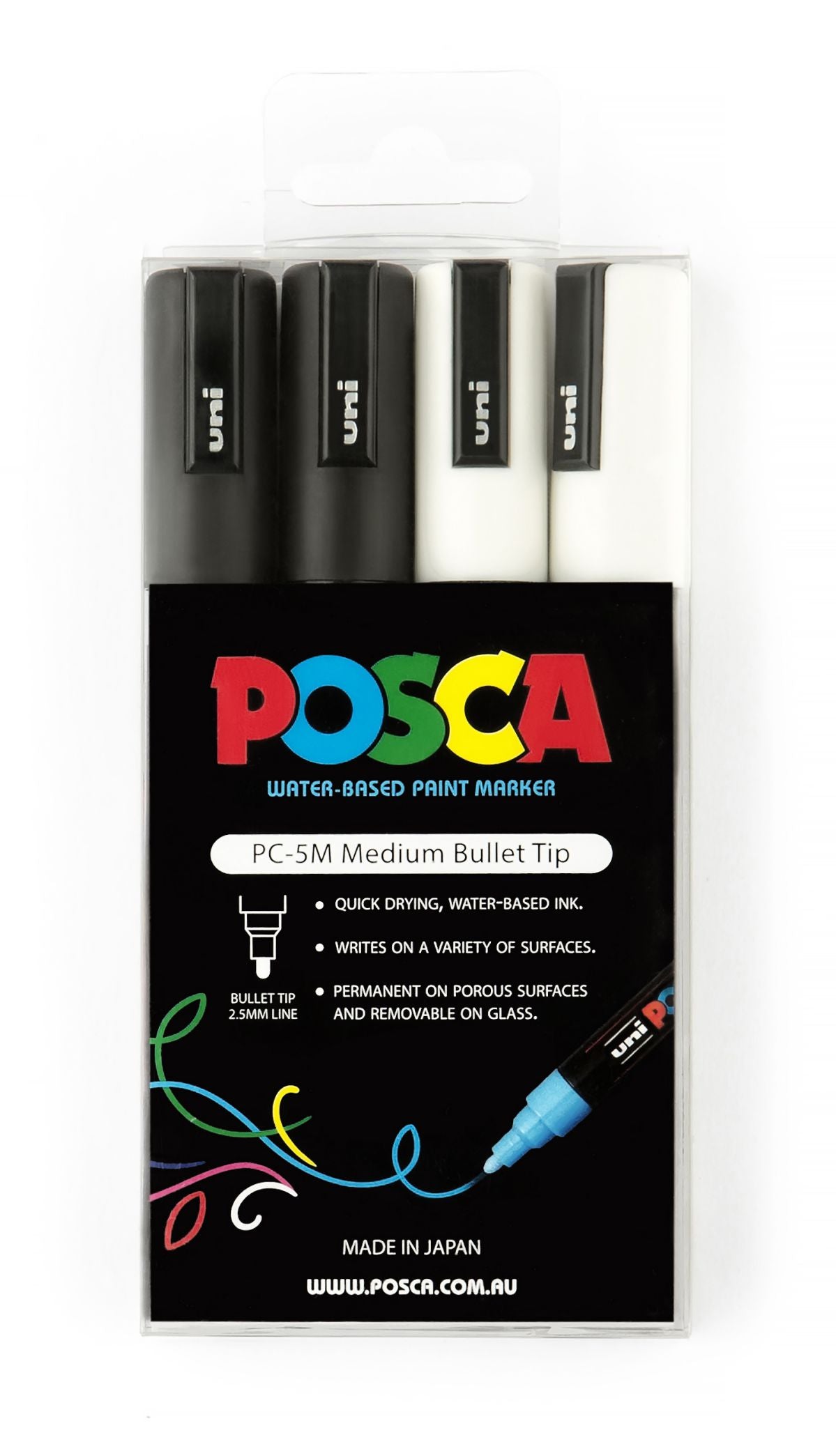 MARKER UNI POSCA 2.5MM TIP PC5M ASST BLACK/WHITE PK4   G46860