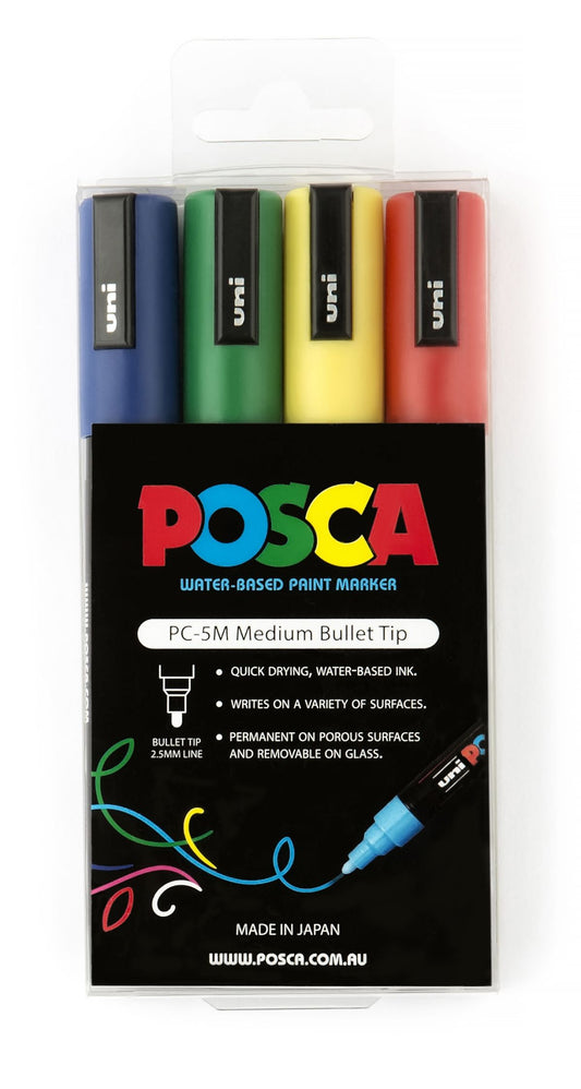 MARKER UNI POSCA 2.5MM TIP PC5M ASST COLOURS PK4   G46861