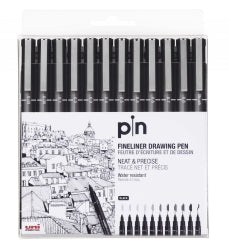 PEN UNI PIN FINELINER ASST SIZES BLACK WLT12   G47056