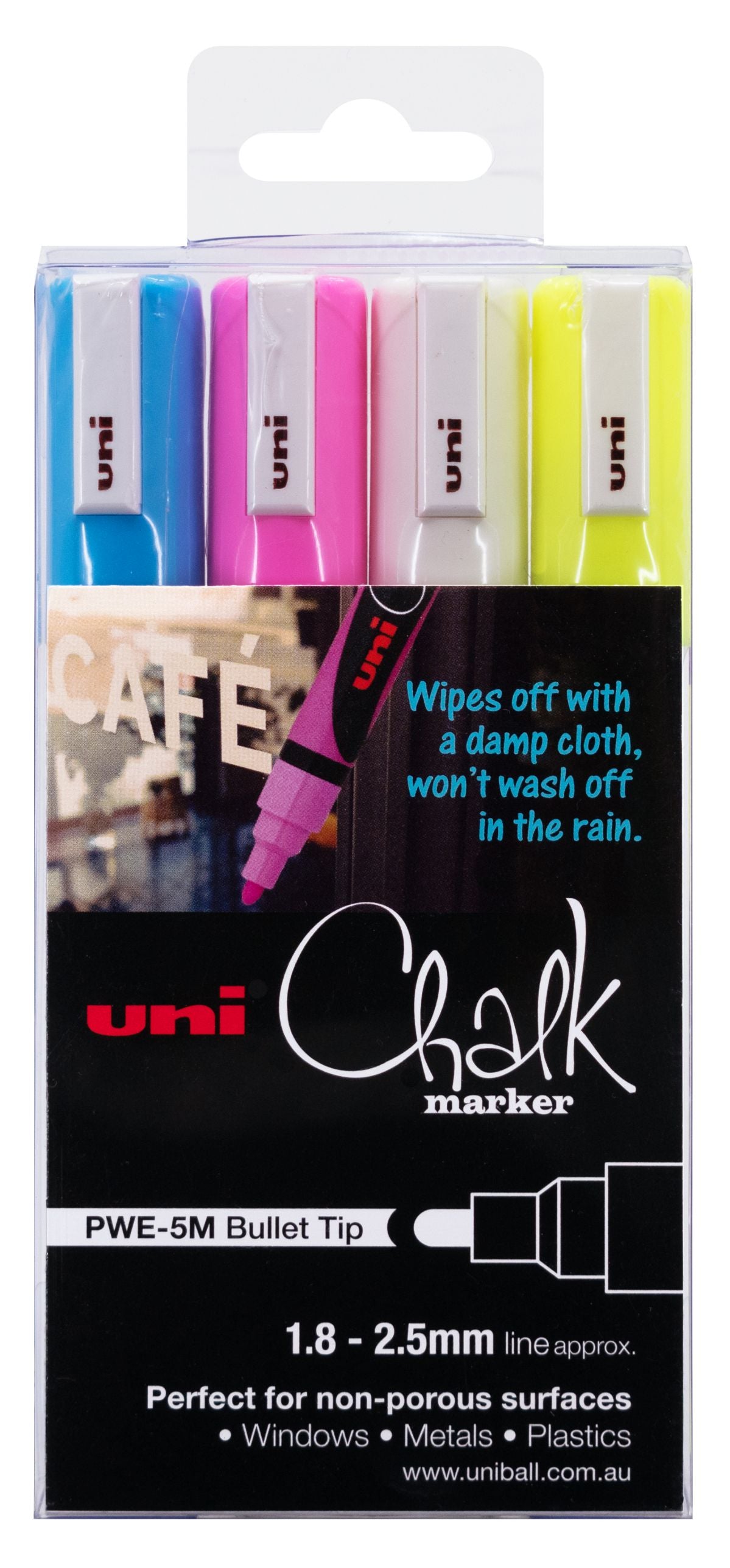 MARKER CHALK UNI 1.8MM-2.5MM PWE5M BULLET TIP ASST PK4   G47868