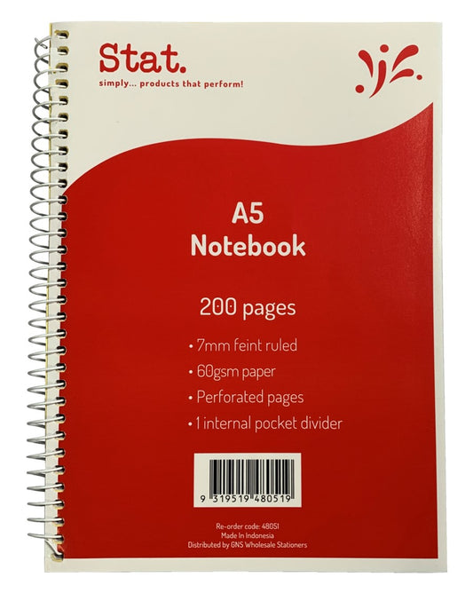 NOTEBOOK STAT A5 60GSM 7MM RULING BOARD COVER RED 200PG PK5   G48051