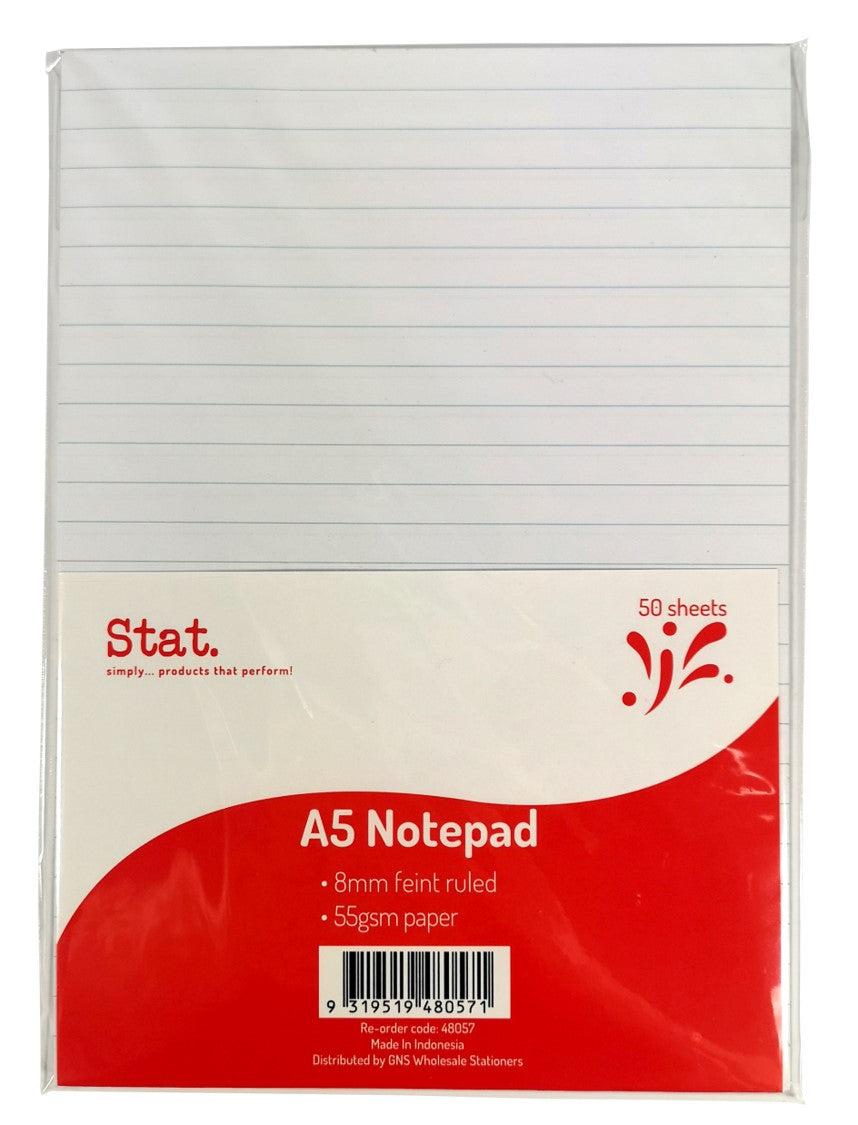 NOTEPAD STAT A5 55GSM 8MM RULING WHITE 50SHT   G48057