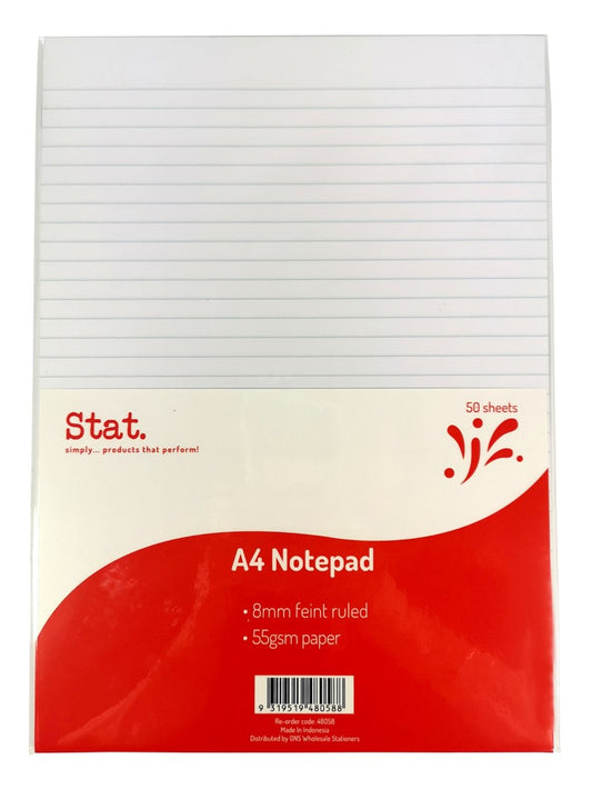 NOTEPAD STAT A4 55GSM 8MM RULING WHITE 50SHT   G48058