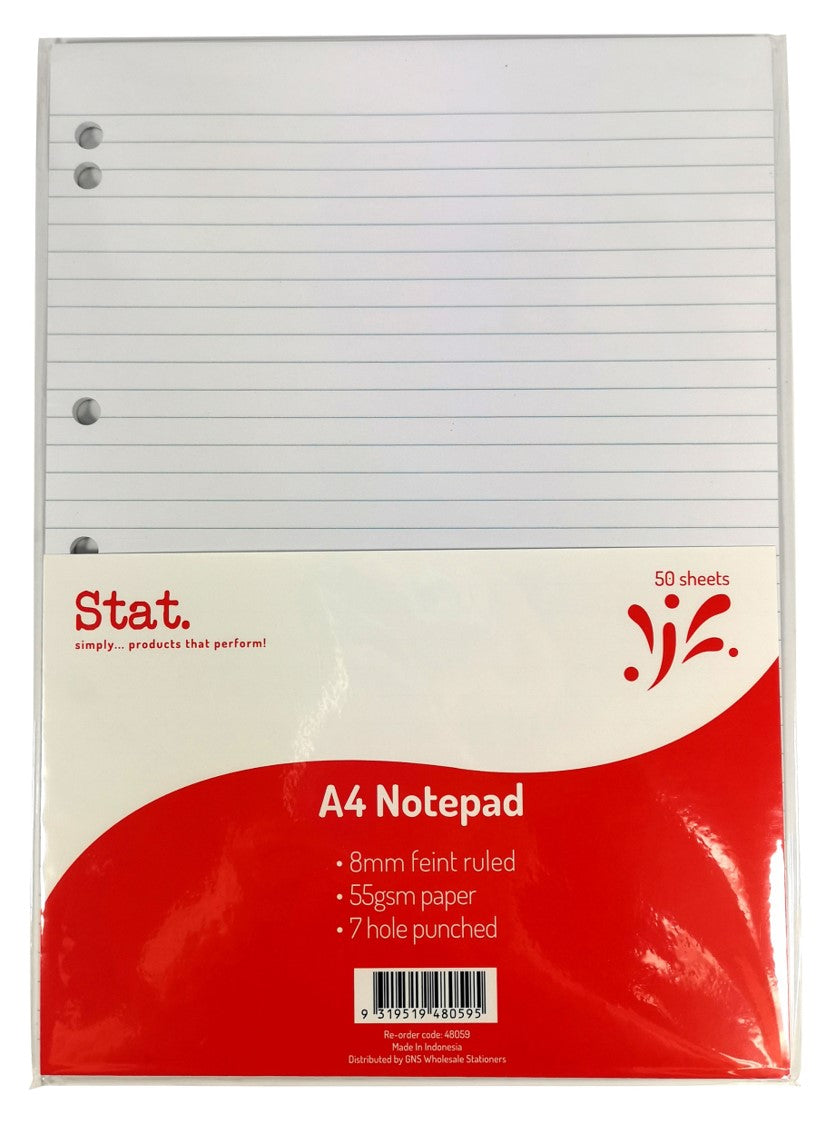 NOTEPAD STAT A4 7 HOLE PUNCHED 55GSM 8MM RULING WHITE 50SHT   G48059