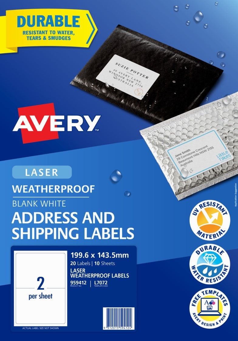 AVERY SHIPPING LABELS AVERY 2UP L7072 WEATHERPROOF WHITE PK10   G53898