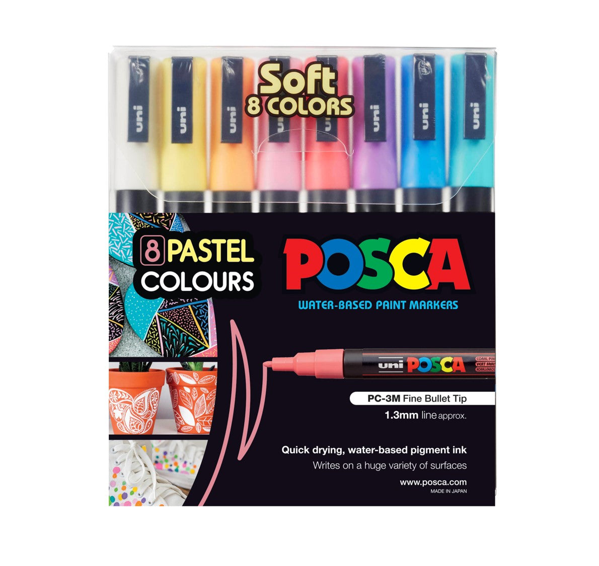 MARKER UNI POSCA PC3M BULLET TIP SOFT COLOURS ASSTD WLT8   G59141