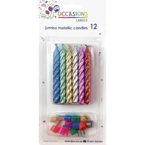 ALPEN CANDLES JUMBO METALLIC WITH HOLDERS P12   G60101