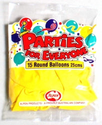 BALLOONS ALPEN 25CM YELLOW 15'S   G60118
